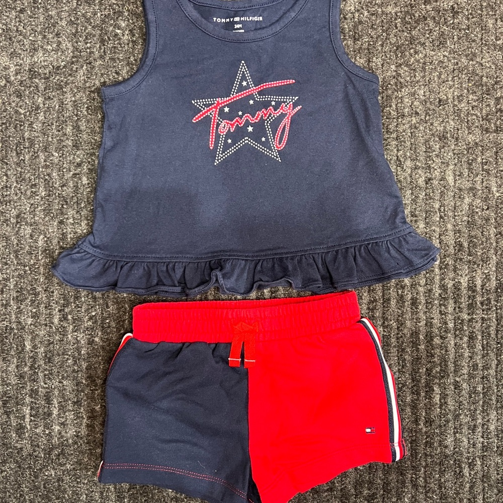 Tommy Hilfiger 2Pc Set Toddler Girls size 24M Red Blue Shorts Outfit Summer set